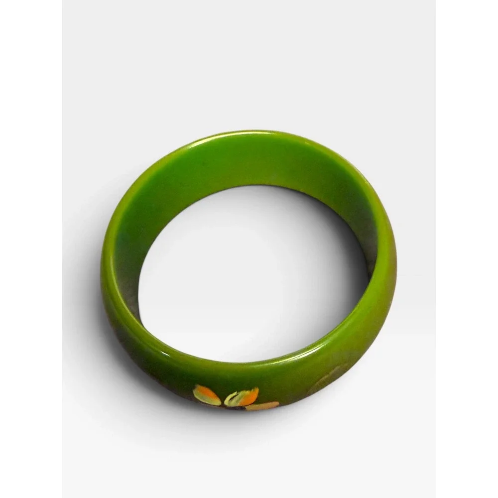 Vintage Tested Bakelite Bangle Bracelet Green Floral Hand Painted